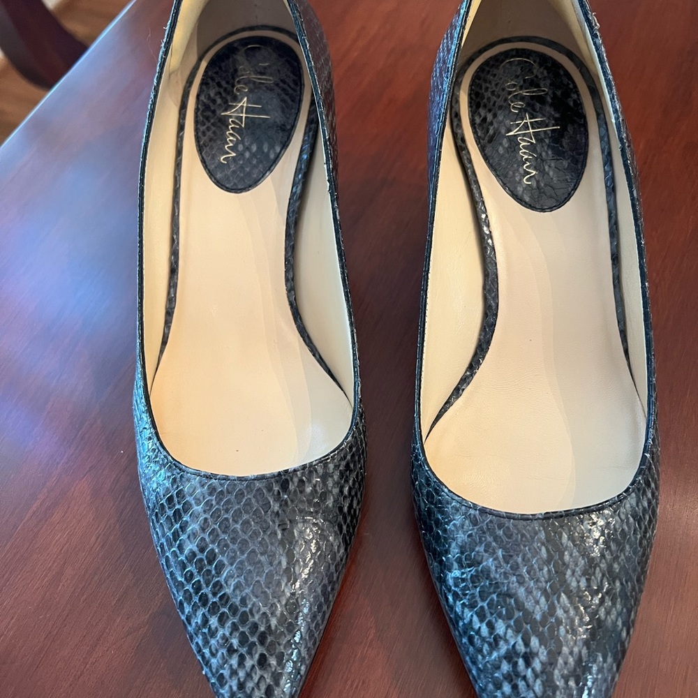 Chic Gray Snakeskin shoes with Black Patent Heels